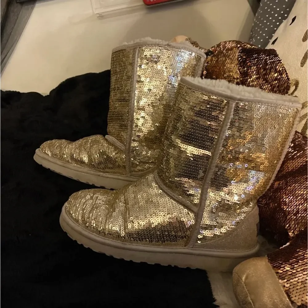 Sz 8 UGG classic short boot- gold sequin bling- EuC - Picture 3 of 15